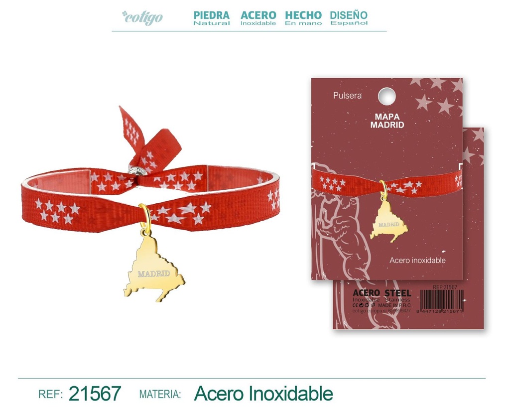 Pulsera Bandera y Mapa de Madrid acero dorado - Joyería representativa