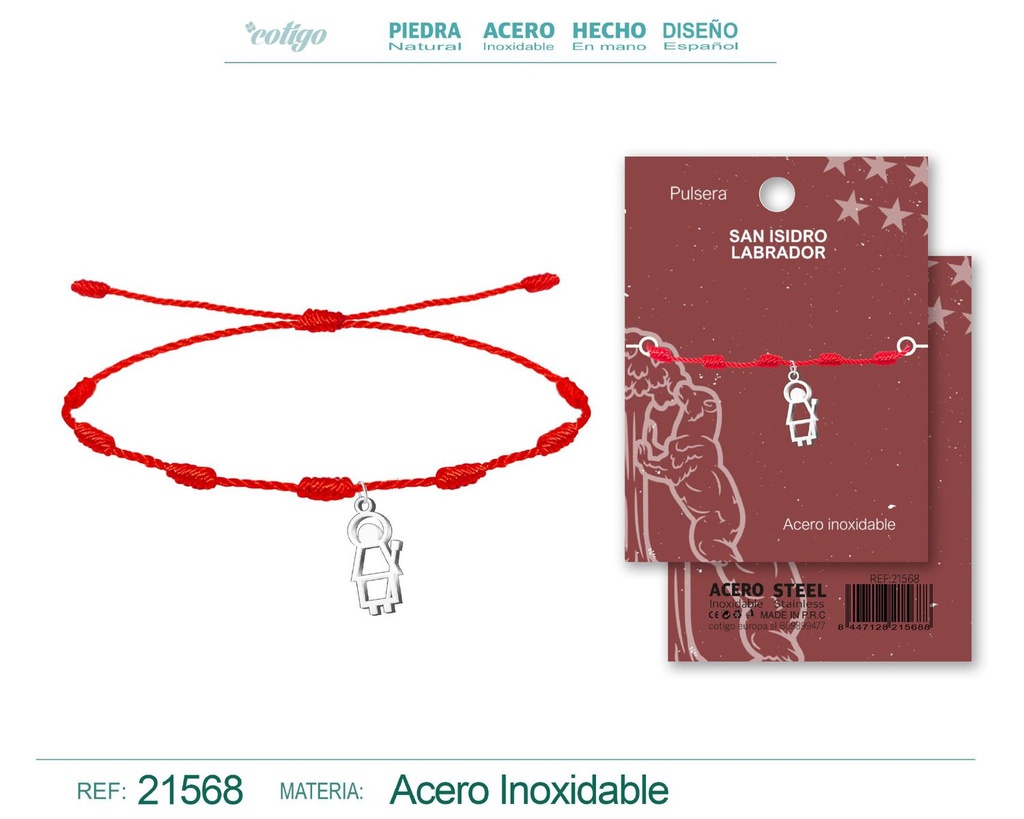 Pulsera 7 nudos con colgante San Isidro Labrador acero plateado - Joyería cultural