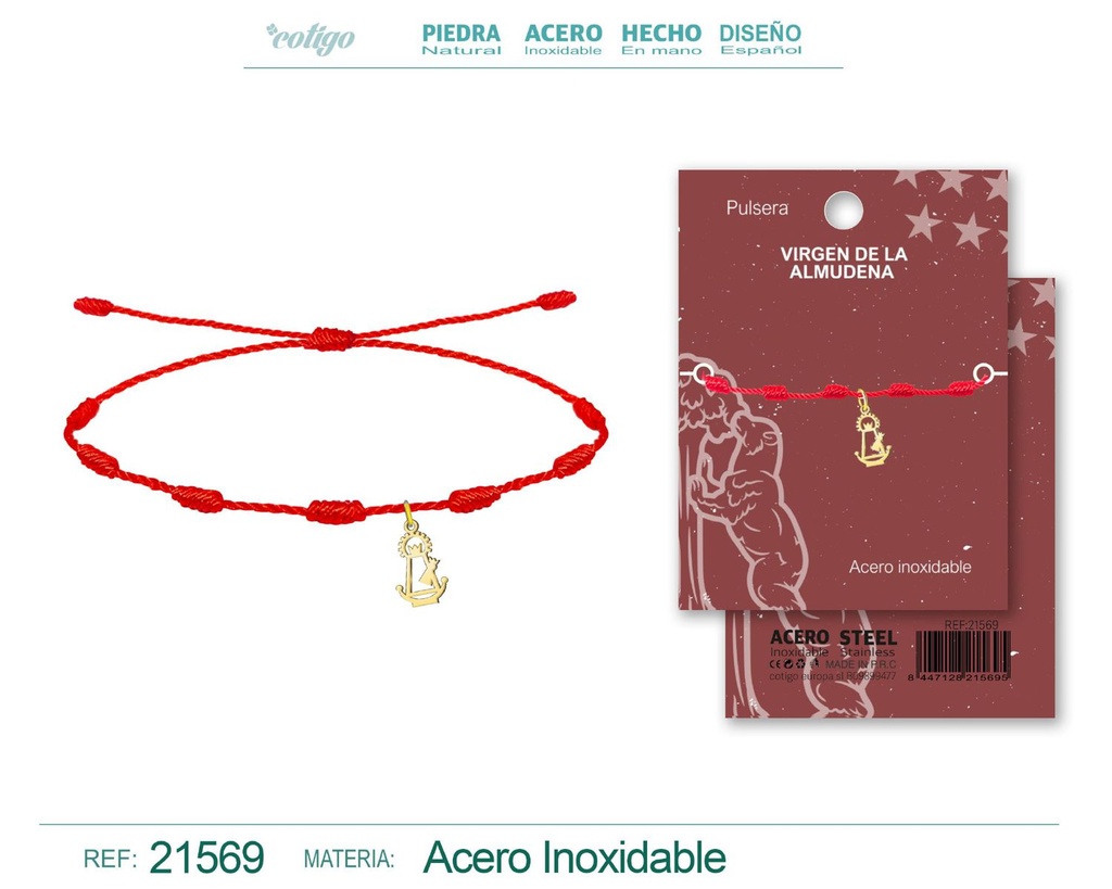 Pulsera 7 nudos con colgante Virgen Almudena acero dorado - Joyería religiosa