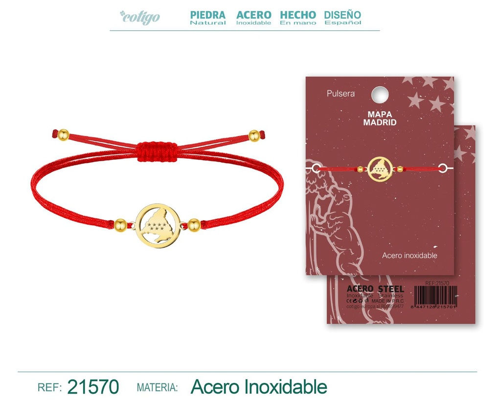 Pulsera hilo encerado con Mapa de Madrid acero dorado - Diseño representativo