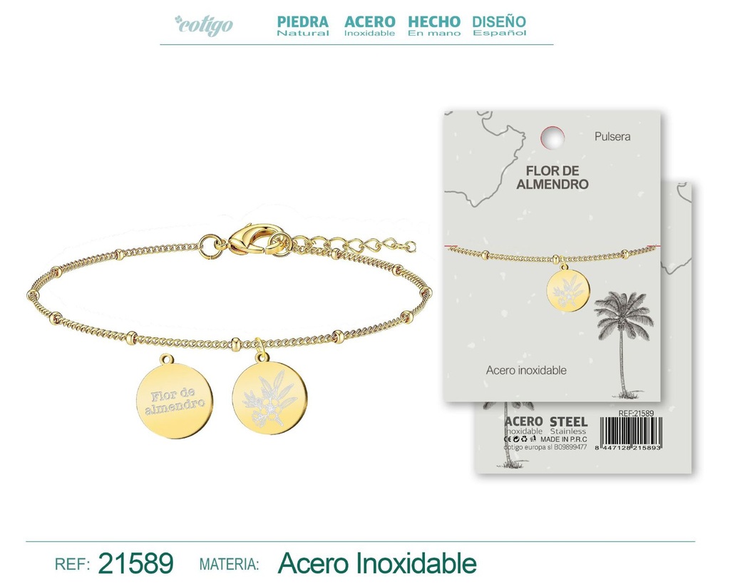 Pulsera Flor de Almendro acero dorado - Joyería floral representativa