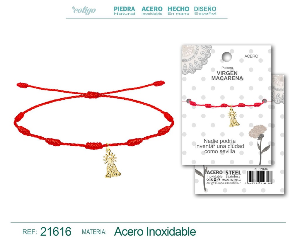 Pulsera 7 nudos con Virgen Macarena acero dorado - Joyería de fe