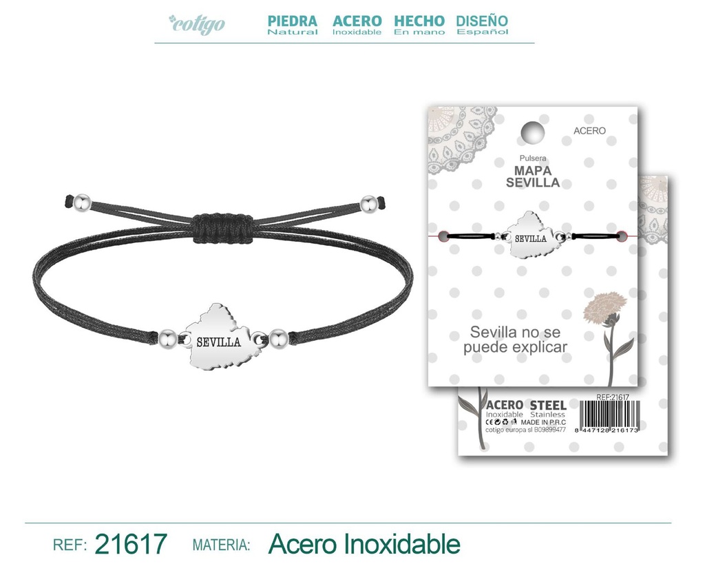 Pulsera hilo encerado con Mapa de Sevilla acero plateado - Representación cultural