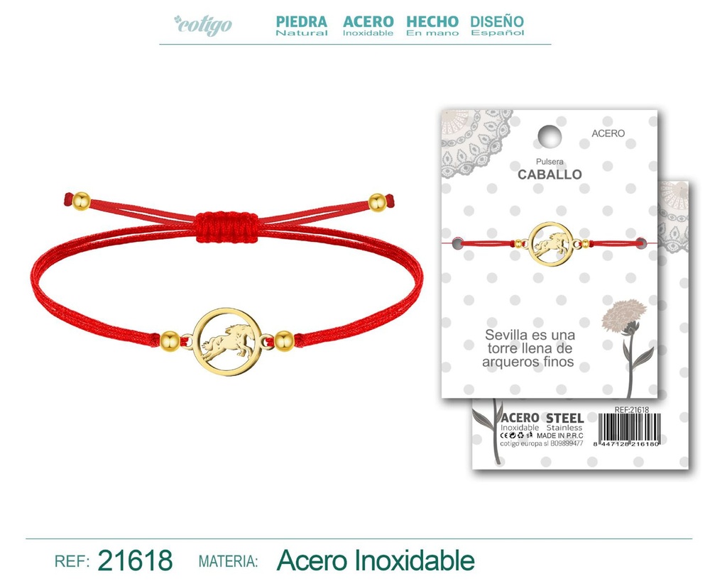 Pulsera hilo encerado con Caballo acero dorado - Joyería tradicional