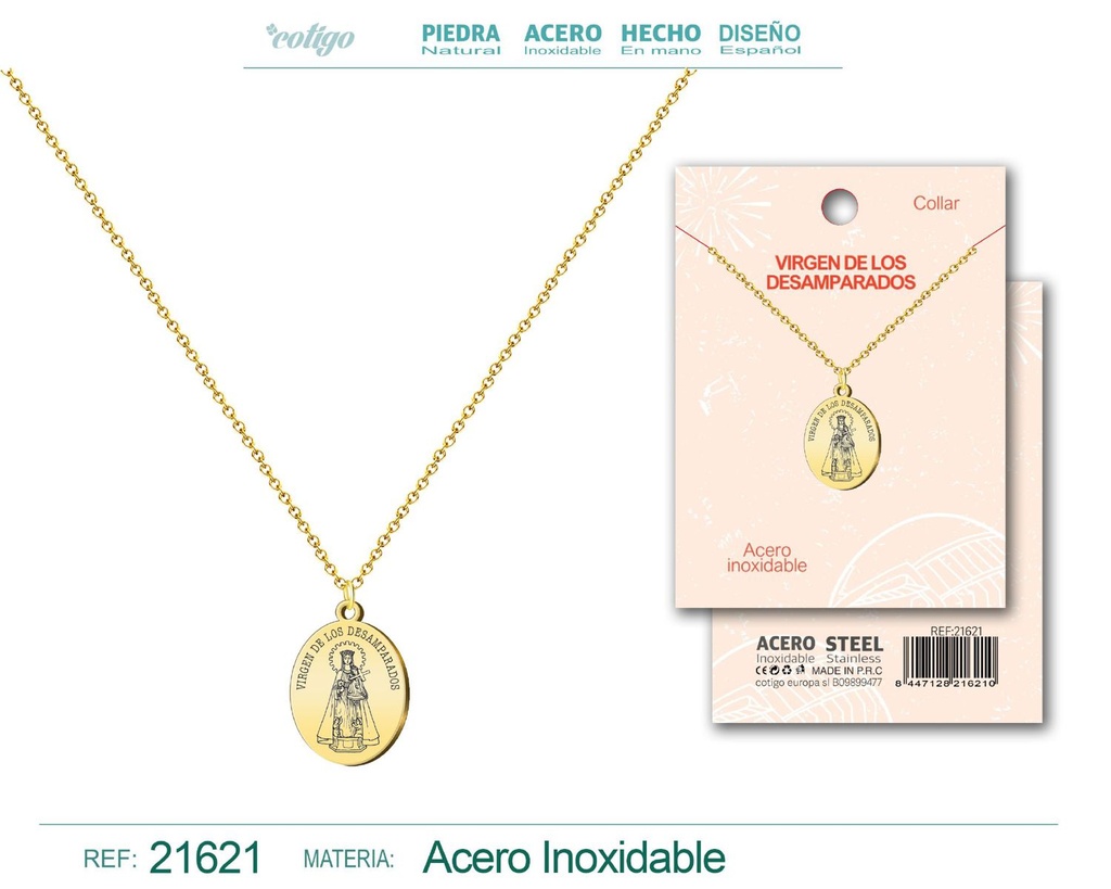 Colgante Virgen de los Desamparados acero dorado - Fe en joyería