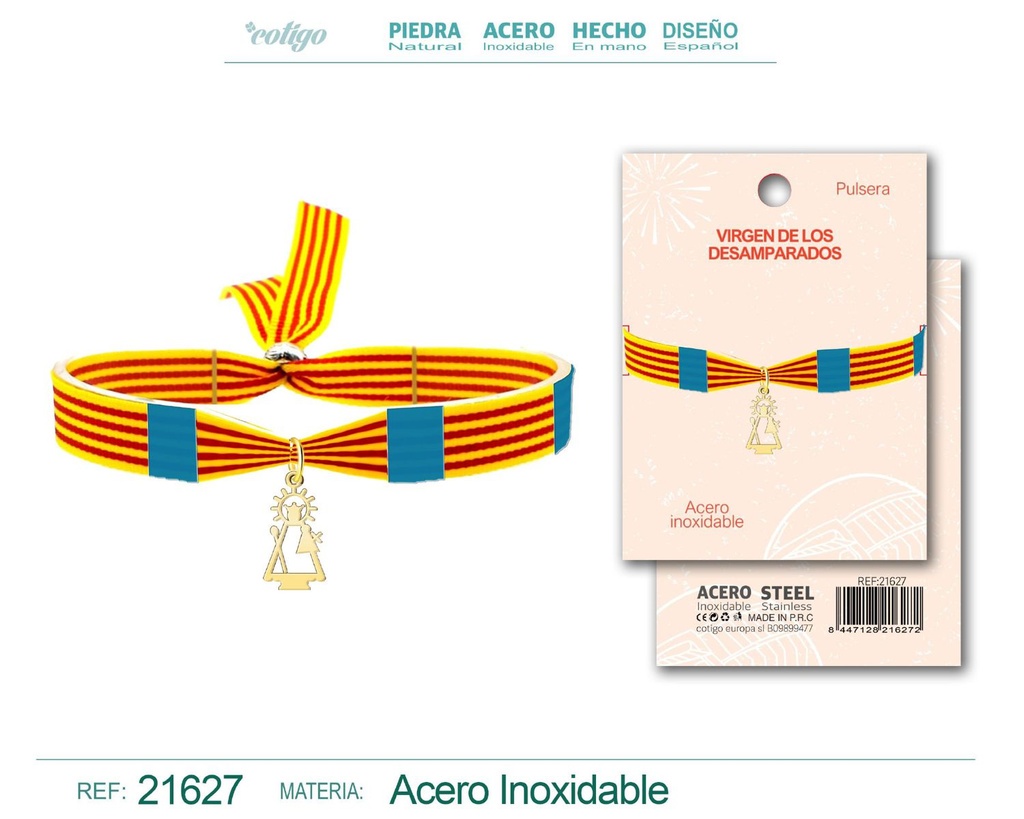 Pulsera Bandera Valencia con colgante Virgen de los Desamparados acero dorado - Joyería simbólica