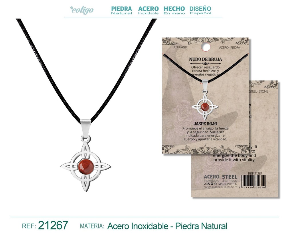 Colgante Nudo de Bruja de Acero con Jaspe Rojo - Amuletos de Suerte y Protección