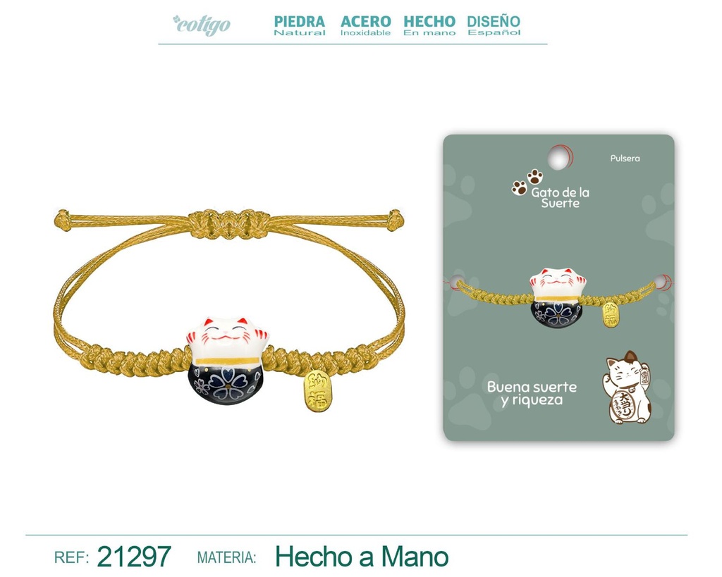 Pulsera de Hilo Encerado con Gato de la Suerte - Amuletos de Suerte y Protección