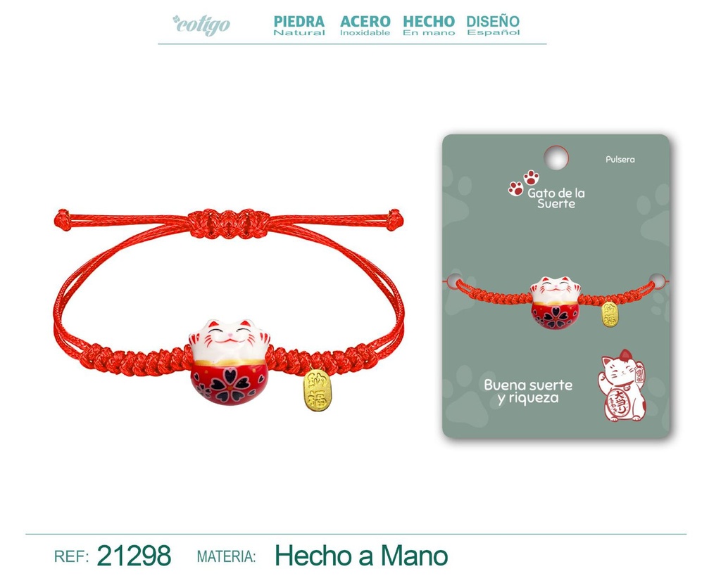 Pulsera de Hilo Encerado con Gato de la Suerte - Amuletos de Suerte y Protección