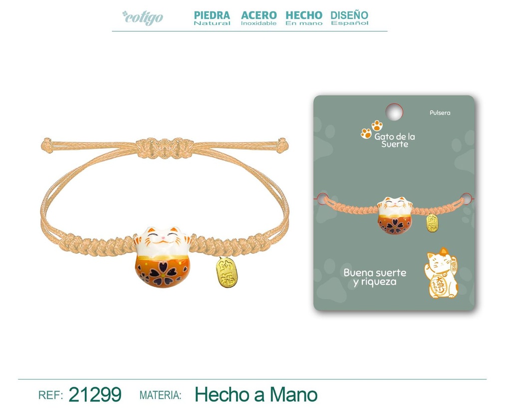 Pulsera de Hilo Encerado con Gato de la Suerte - Amuletos de Suerte y Protección