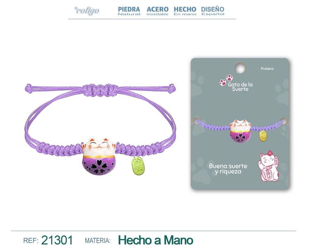 Pulsera de Hilo Encerado con Gato de la Suerte - Amuletos de Suerte y Protección