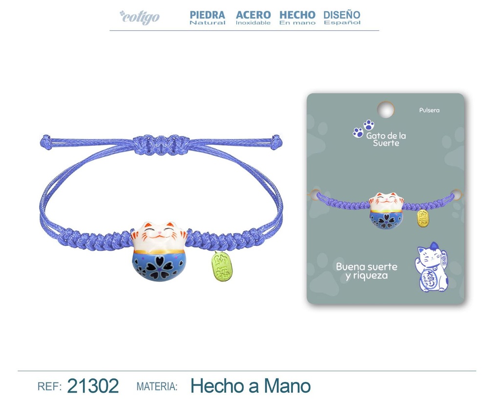 Pulsera de Hilo Encerado con Gato de la Suerte - Amuletos de Suerte y Protección