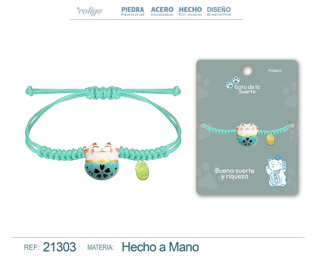 Pulsera de Hilo Encerado con Gato de la Suerte - Amuletos de Suerte y Protección