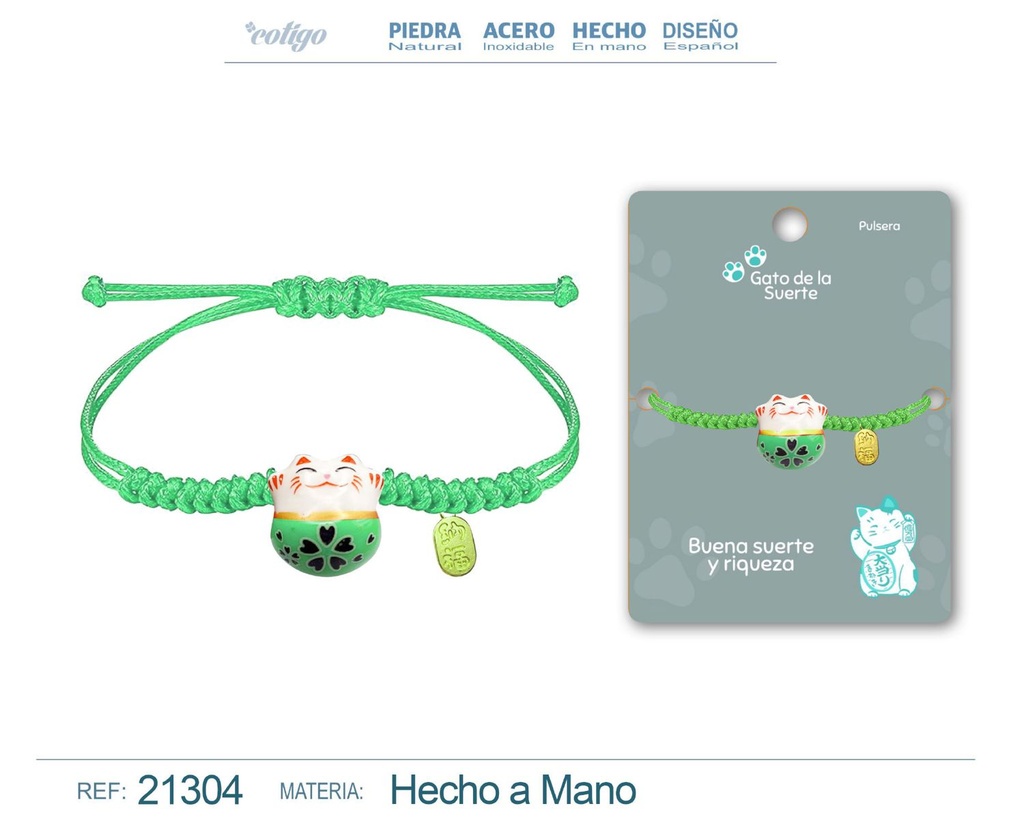 Pulsera de Hilo Encerado con Gato de la Suerte - Amuletos de Suerte y Protección