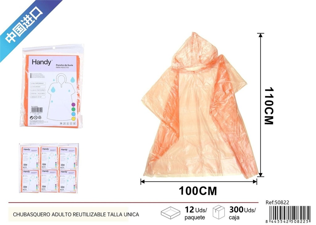 Poncho adulto reutilizable talla única - Artículos de lluvia y protección