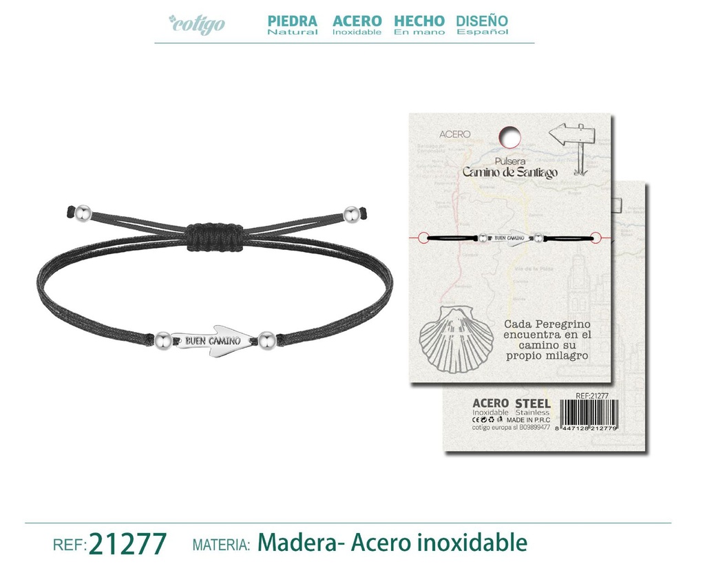 Pulsera de hilo encerado con Camino de Santiago en acero plateado - Joyería y accesorios