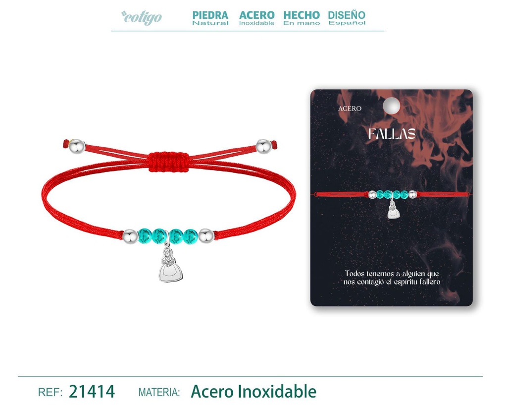 Pulsera de hilo encerado con Fallera en acero plateado - Joyería y accesorios