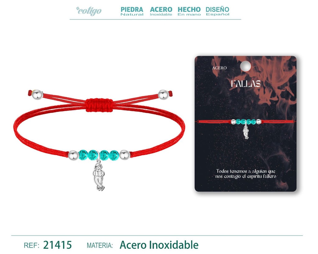 Pulsera de hilo encerado con Fallero en acero plateado - Joyería y accesorios