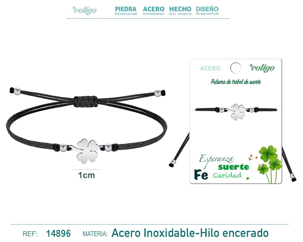 Pulsera de hilo encerado negro con trébol de cuatro hojas en plateado - Joyería y accesorios 