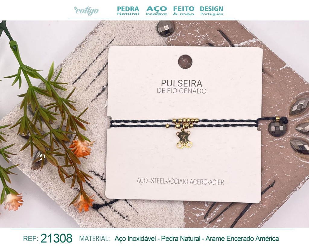 Pulsera de hilo encerado con colgante Oso en acero dorado - Joyería y amuletos