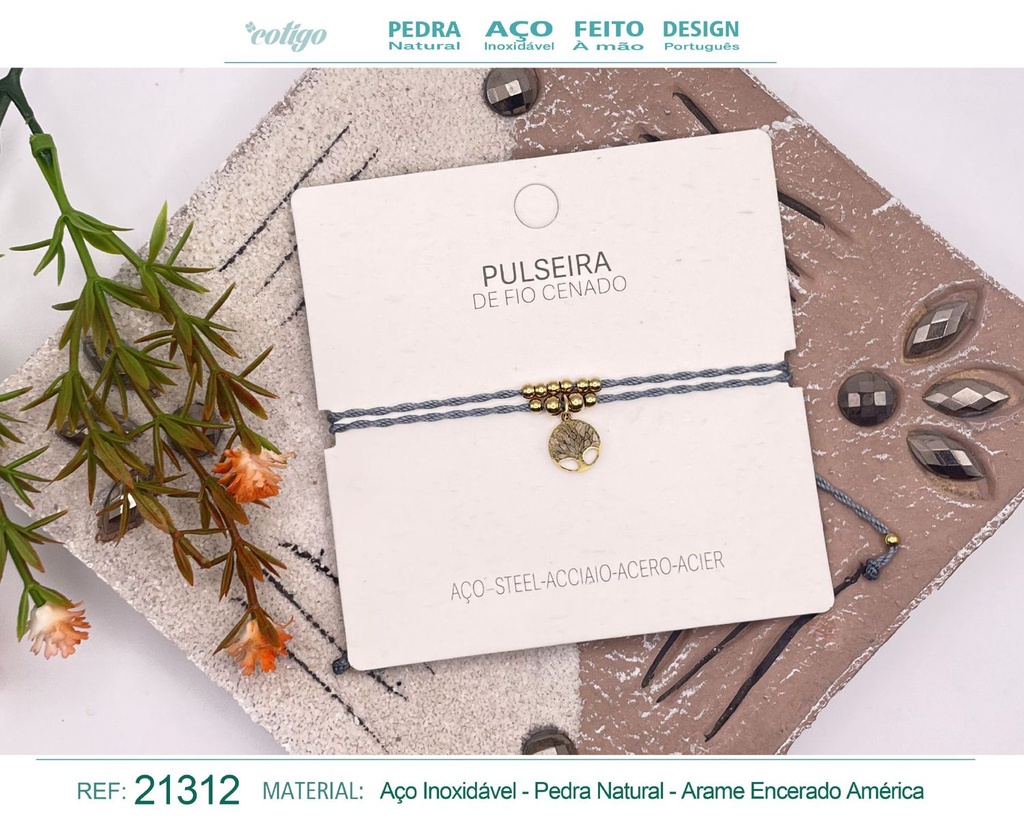 Pulsera de hilo encerado con colgante Árbol de vida en acero dorado - Joyería y amuletos