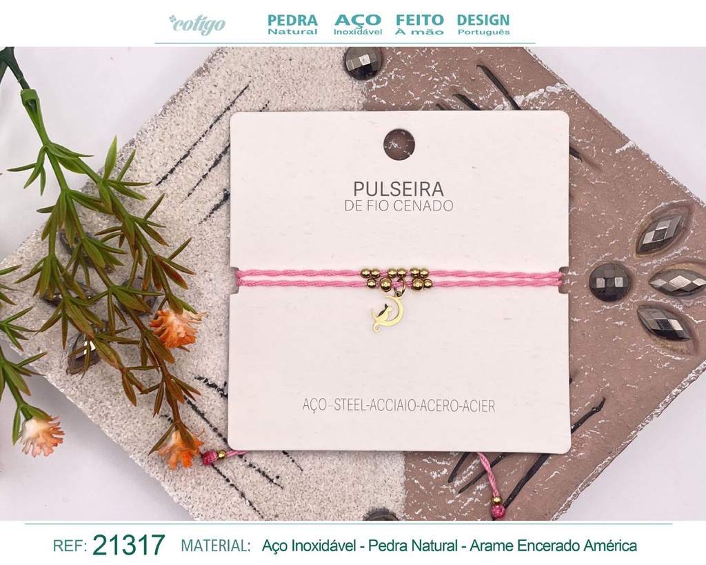 Pulsera de hilo encerado con colgante Gato en acero dorado - Joyería y amuletos