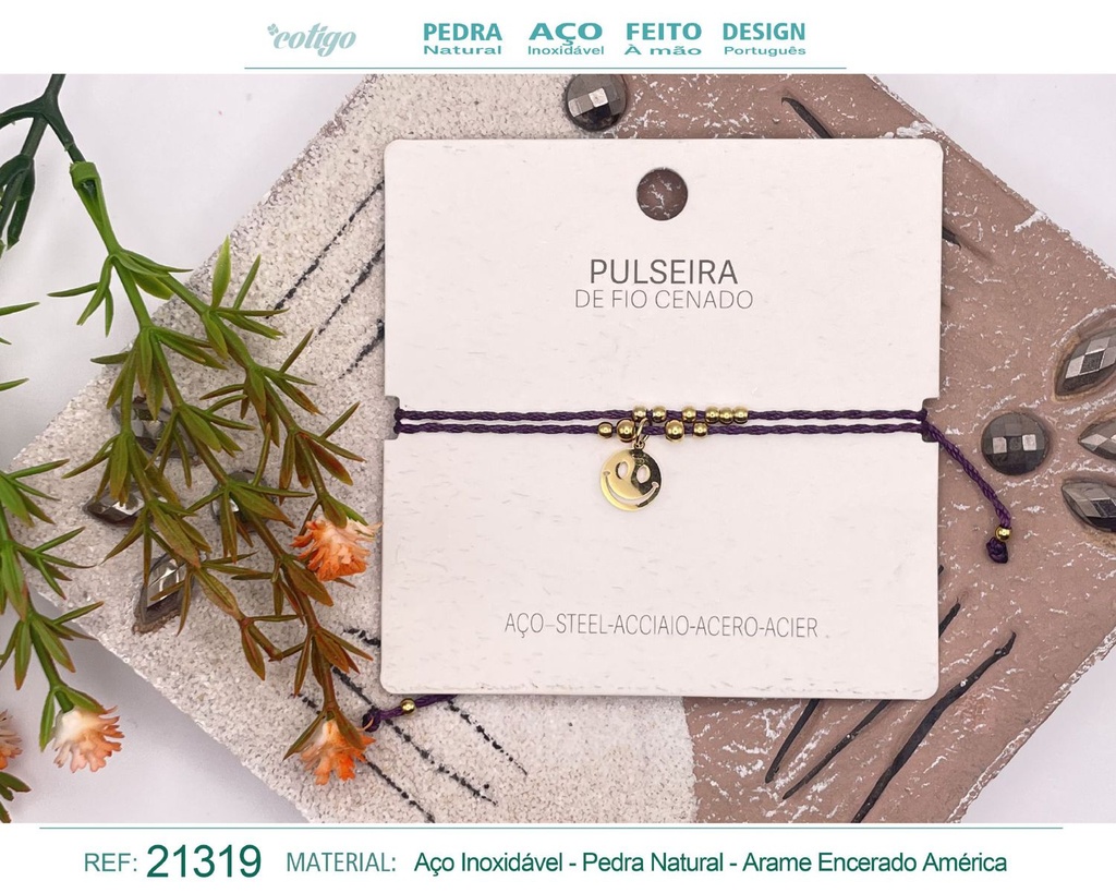 Pulsera de hilo encerado con colgante Cara sonriente en acero dorado - Joyería y amuletos