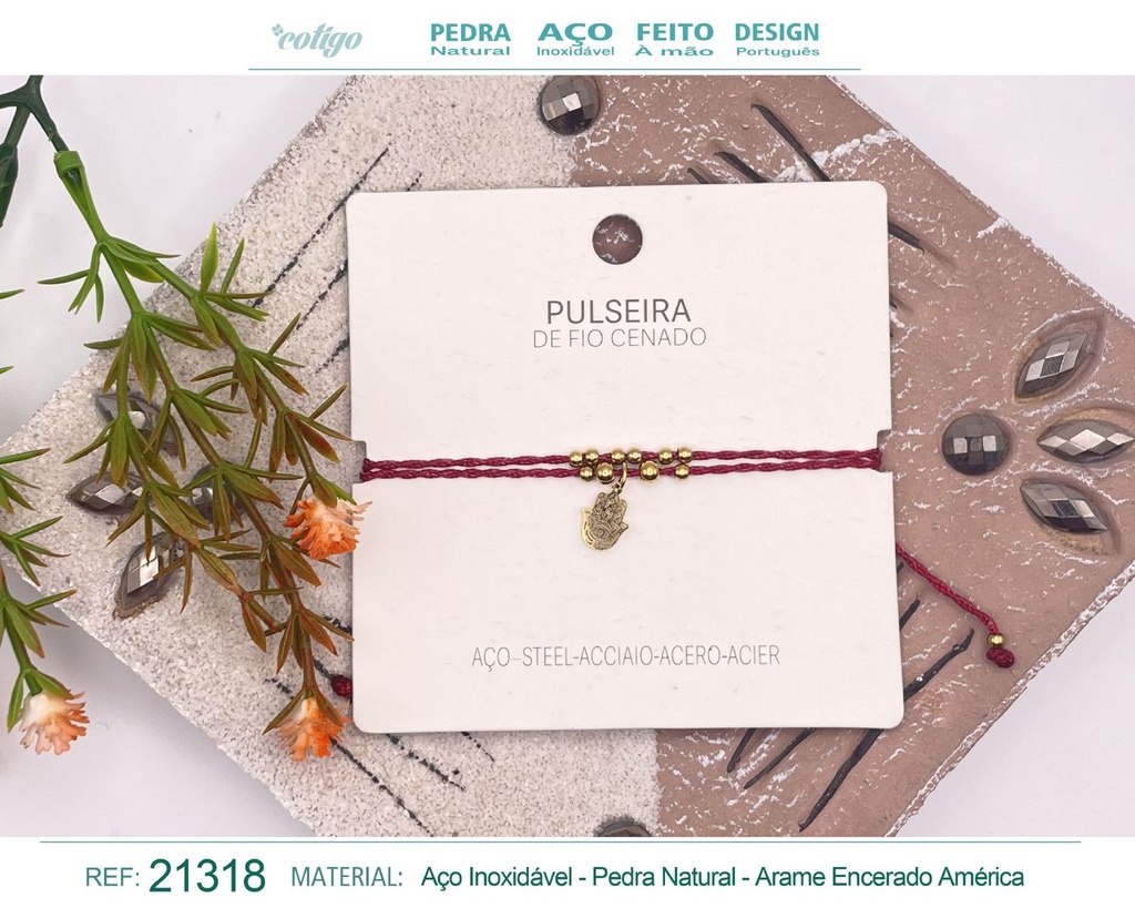 Pulsera de hilo encerado con colgante Mano de Fátima en acero dorado - Joyería y amuletos