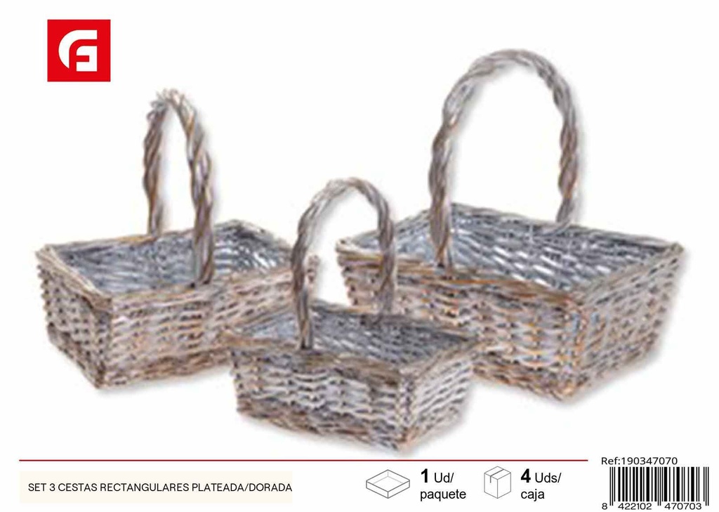 Set de 3 cestas rectangulares plateadas/doradas - Almacenamiento decorativo