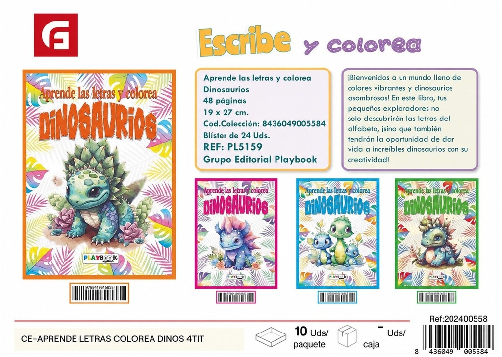 Libro CE para aprender letras coloreando dinosaurios 4 modelos - Material escolar