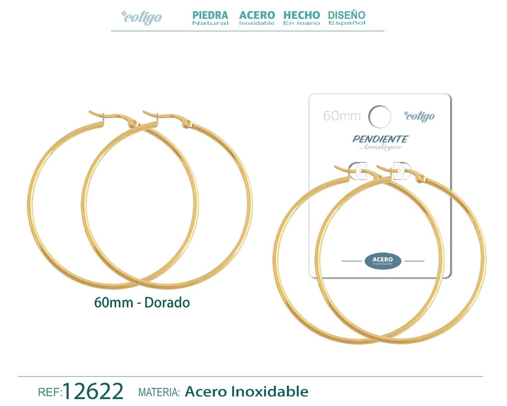 Pendiente aro de acero dorado de 60 mm - Joyería de acero