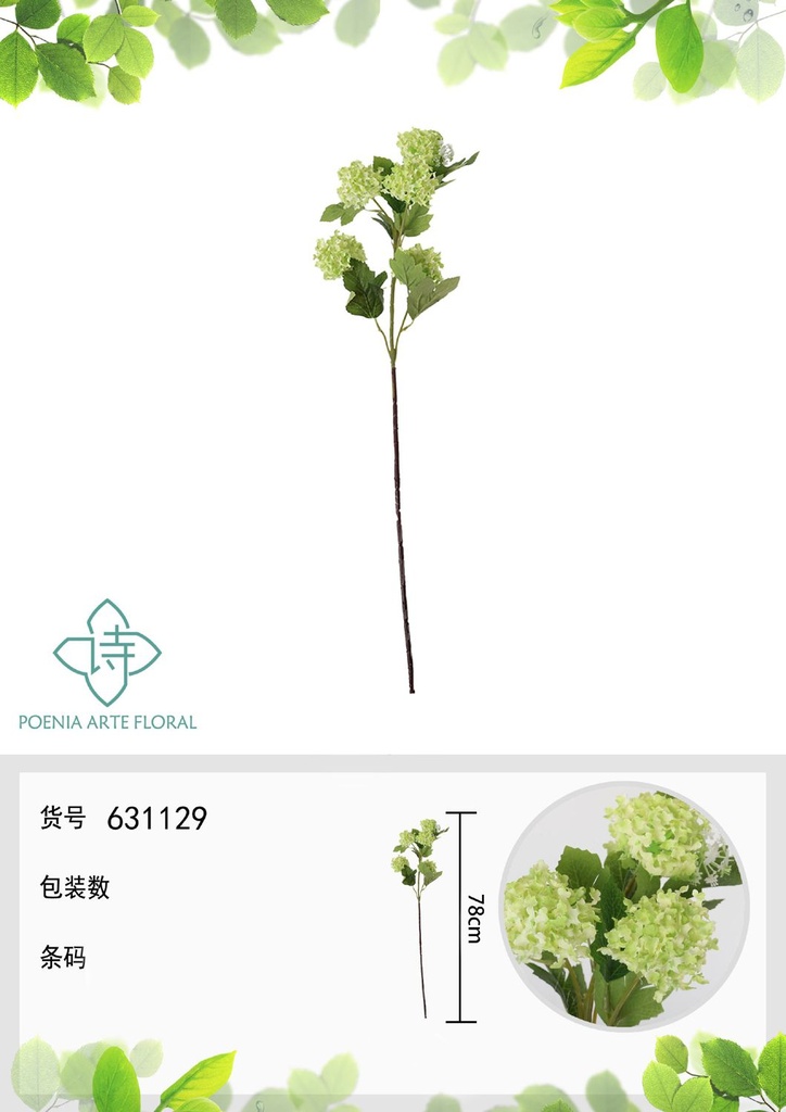 Ramo de flores artificiales - Hortensia de 5 cabezas en verde 78 cm