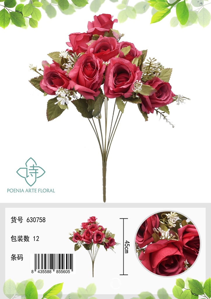 Ramo de flores artificiales - Manojo de 9 cabezas de rosas