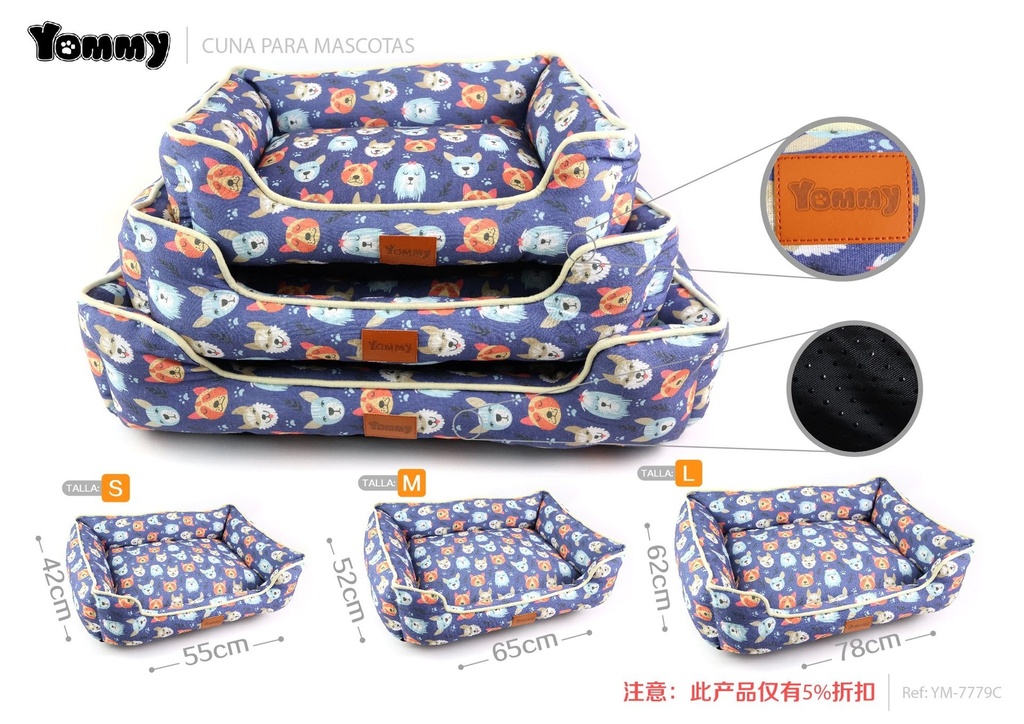 Cuna de perro en tela de lino estampada con gato, set de 3 piezas en fondo azul - Accesorios para mascotas