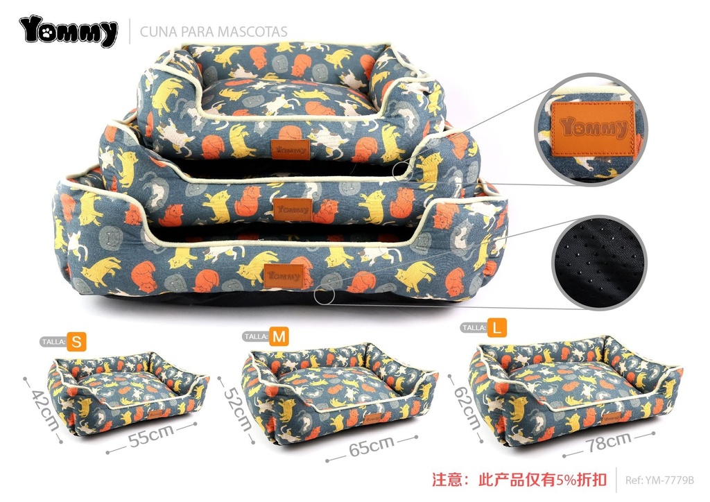Cuna de perro de lino impreso azul - Productos para mascotas, 3 piezas