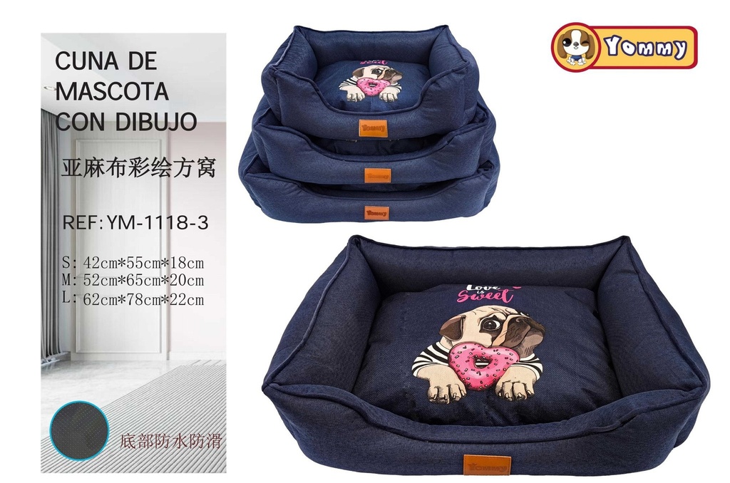 Cuna de perro de lienzo impreso azul - Productos para mascotas, 3 piezas