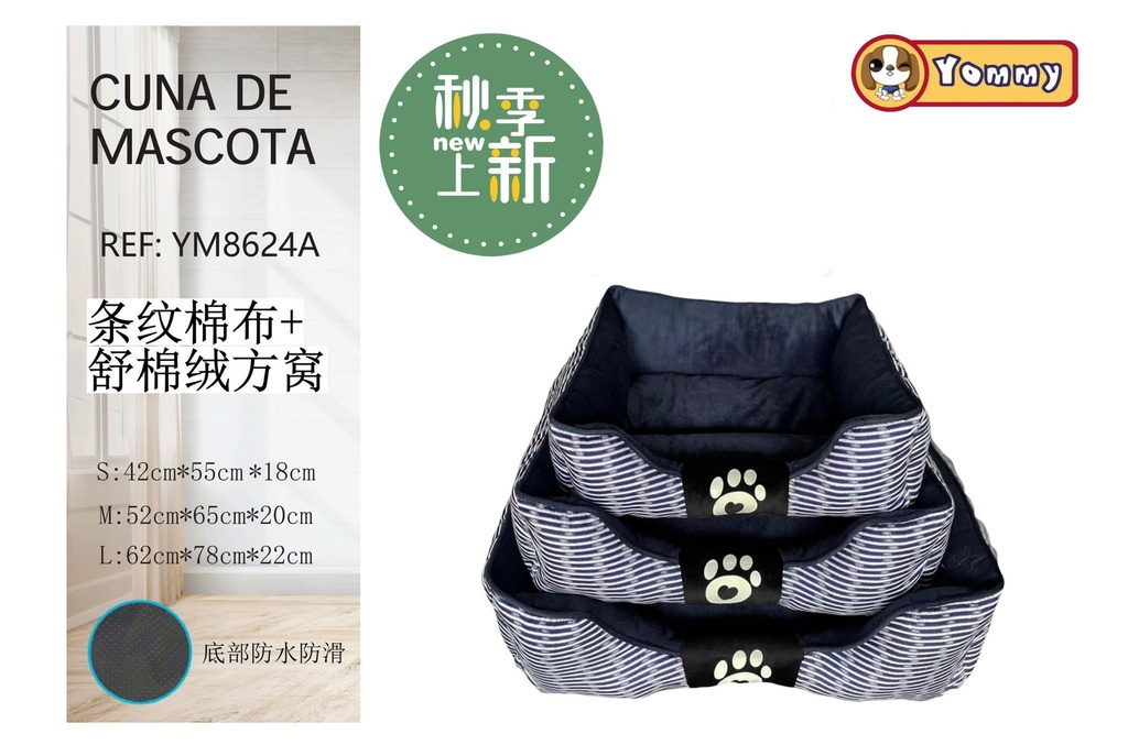 Cuna de perro de franela y algodón a rayas azul - Productos para mascotas