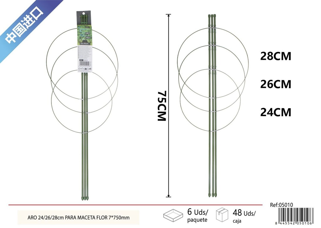 Aro para maceta de flor 24/26/28 cm 7x750 mm - Soporte para plantas en jardines