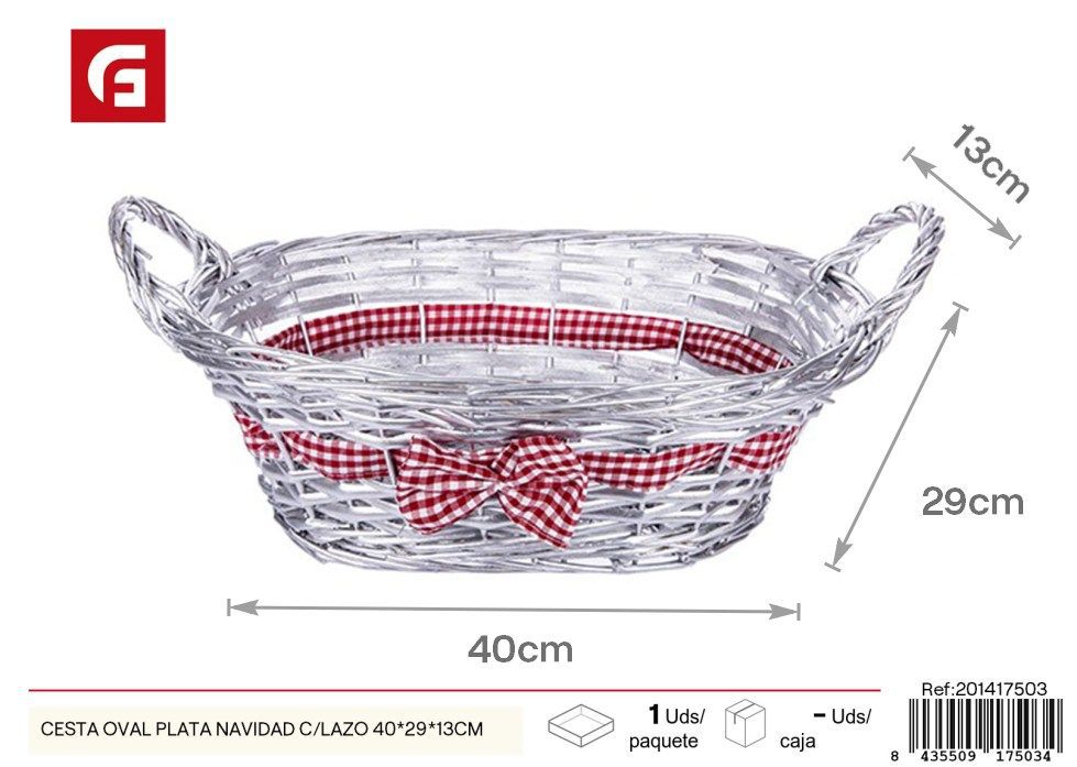 Cesta oval plata Navidad con lazo 40 x 29 x 13 cm - Cestas decorativas y Navidad