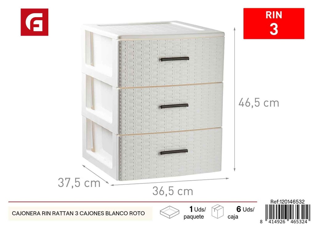 Cajonera Rin Rattan 3 cajones color blanco roto - Muebles de almacenamiento
