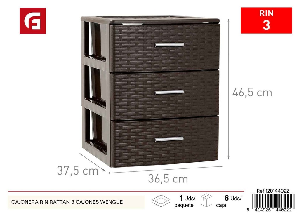 Cajonera Rin Rattan 3 cajones color wengué - Muebles de almacenamiento