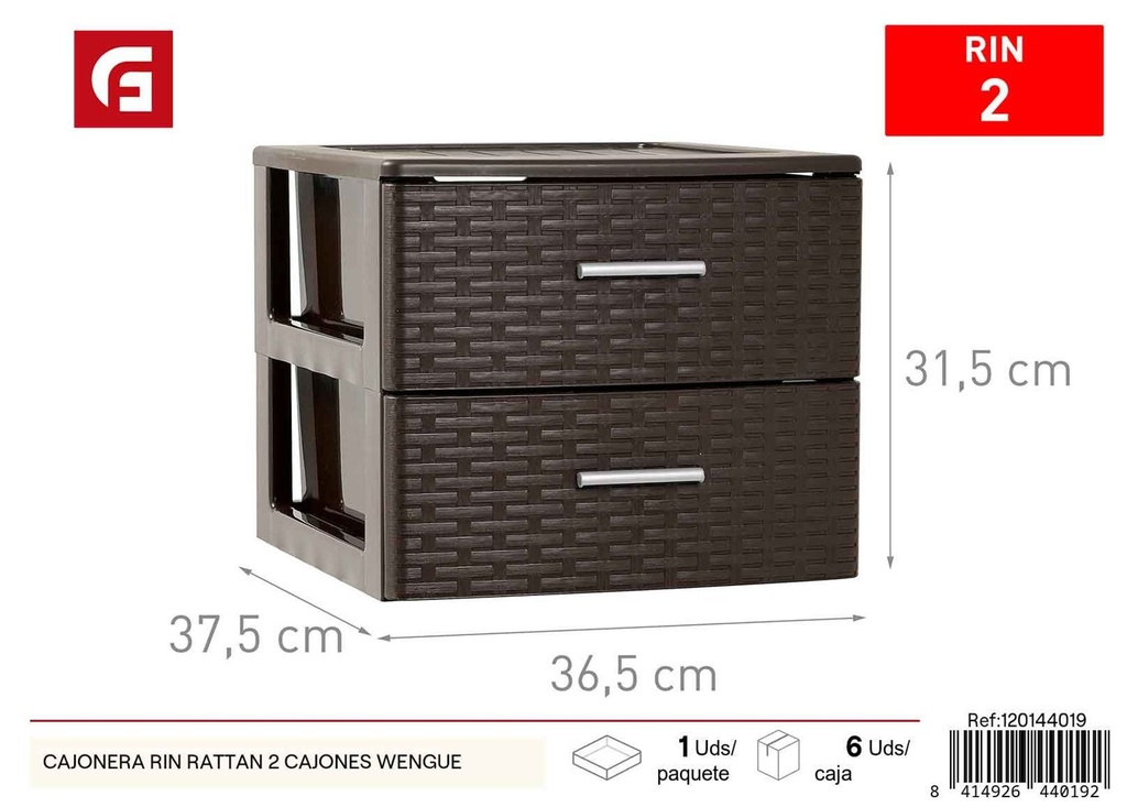 Cajonera Rin Rattan 2 cajones color wengué - Muebles de almacenamiento