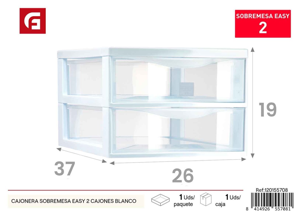 Cajonera sobremesa Easy 2 cajones blanco - Muebles de plástico y organización del hogar
