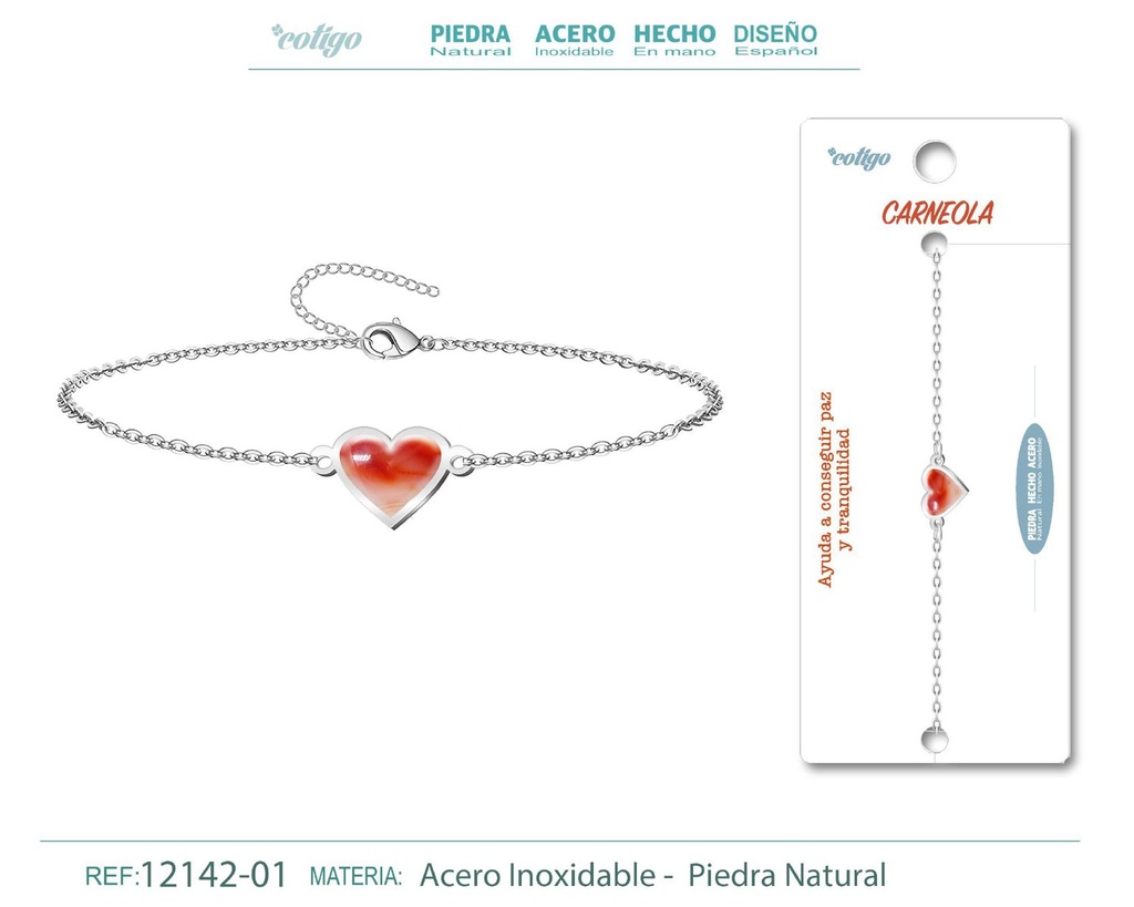 Pulsera corazón con carneola plateada - Joyería de piedras naturales