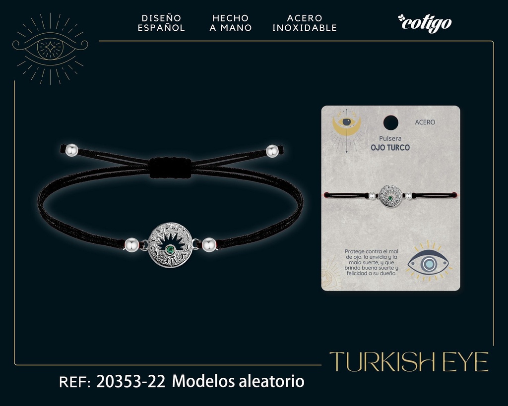 Pulsera de hilo encerado negra con Ojo Turco plateado - Joyas de protección