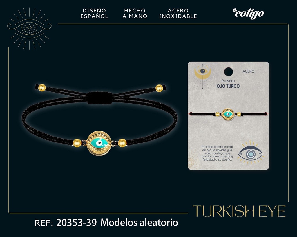 Pulsera de hilo encerado negro con Ojo Turco Dorado - Amuletos de suerte y protección