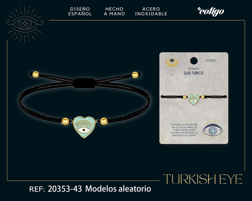 Pulsera de hilo encerado negro con ojo turco dorado - Joyas de suerte y protección