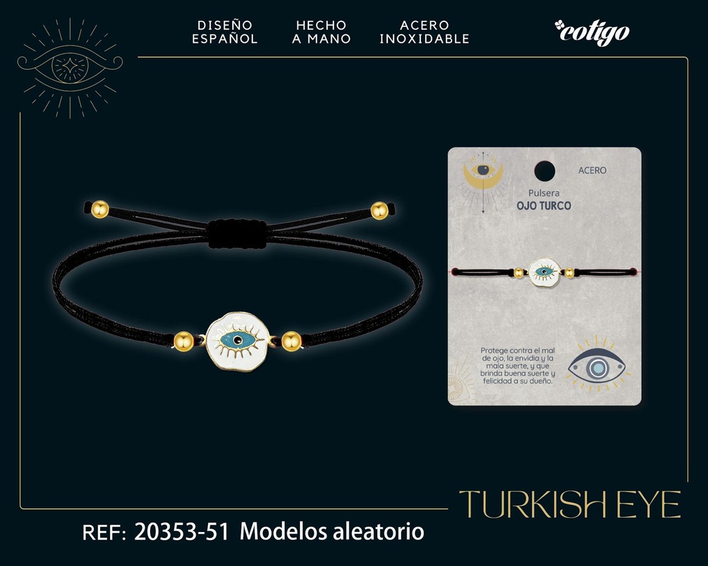 Pulsera de hilo encerado negro con Ojo Turco Dorado - Amuletos de suerte y protección
