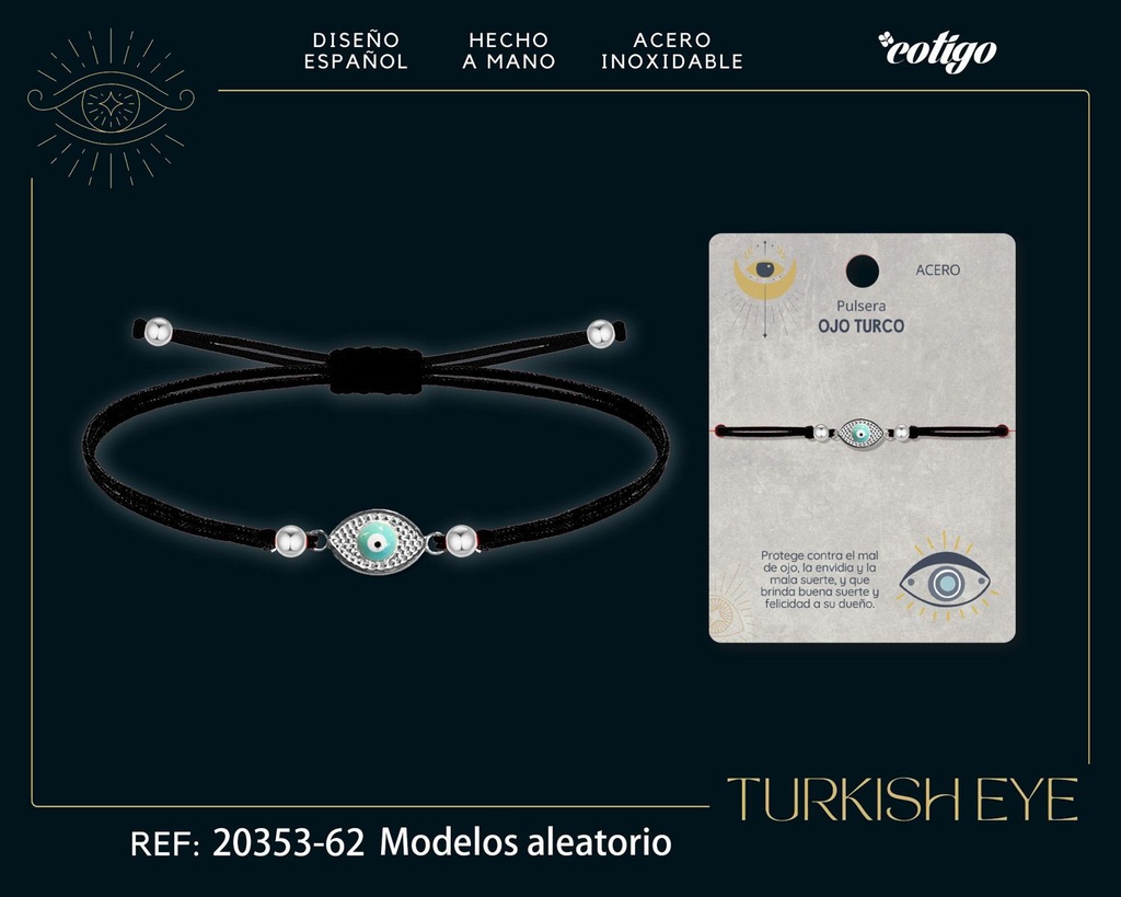 Pulsera de hilo encerado negro con Ojo Turco Plateado - Amuletos de suerte y protección