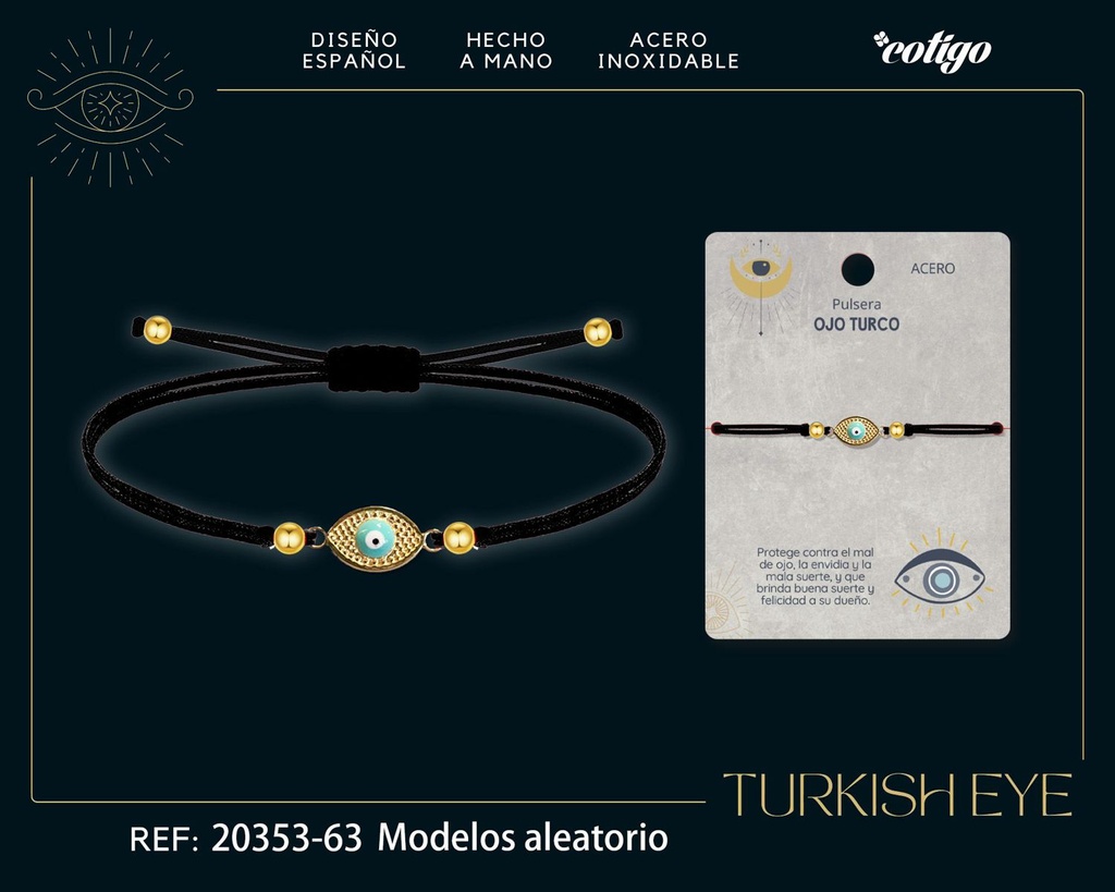 Pulsera de hilo encerado negro con Ojo Turco Dorado - Amuletos de suerte y protección